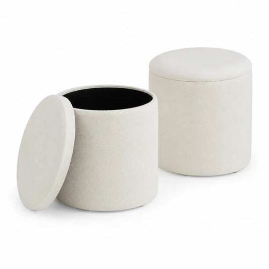 Set di 2 Puff Cilindrici in Tessuto Crema