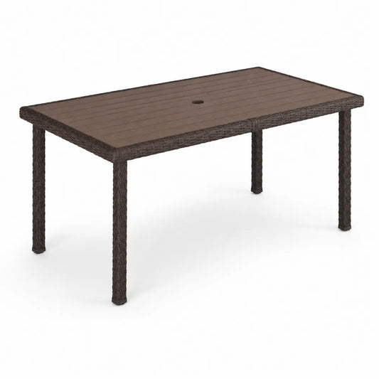 Tavolo da pranzo rettangolare in polyrattan con piano in legno composito