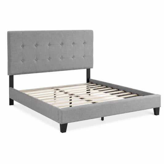Letto matrimoniale in tessuto grigio con struttura in legno